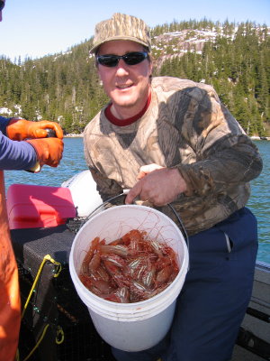 Craig with a bucket of Prince William Sound Spot Shrimp.